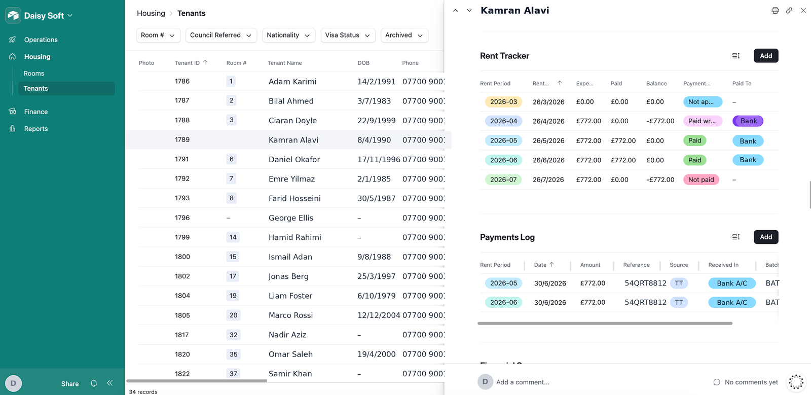 Daisy Soft operations platform — tenants list and rent tracker (data anonymised)