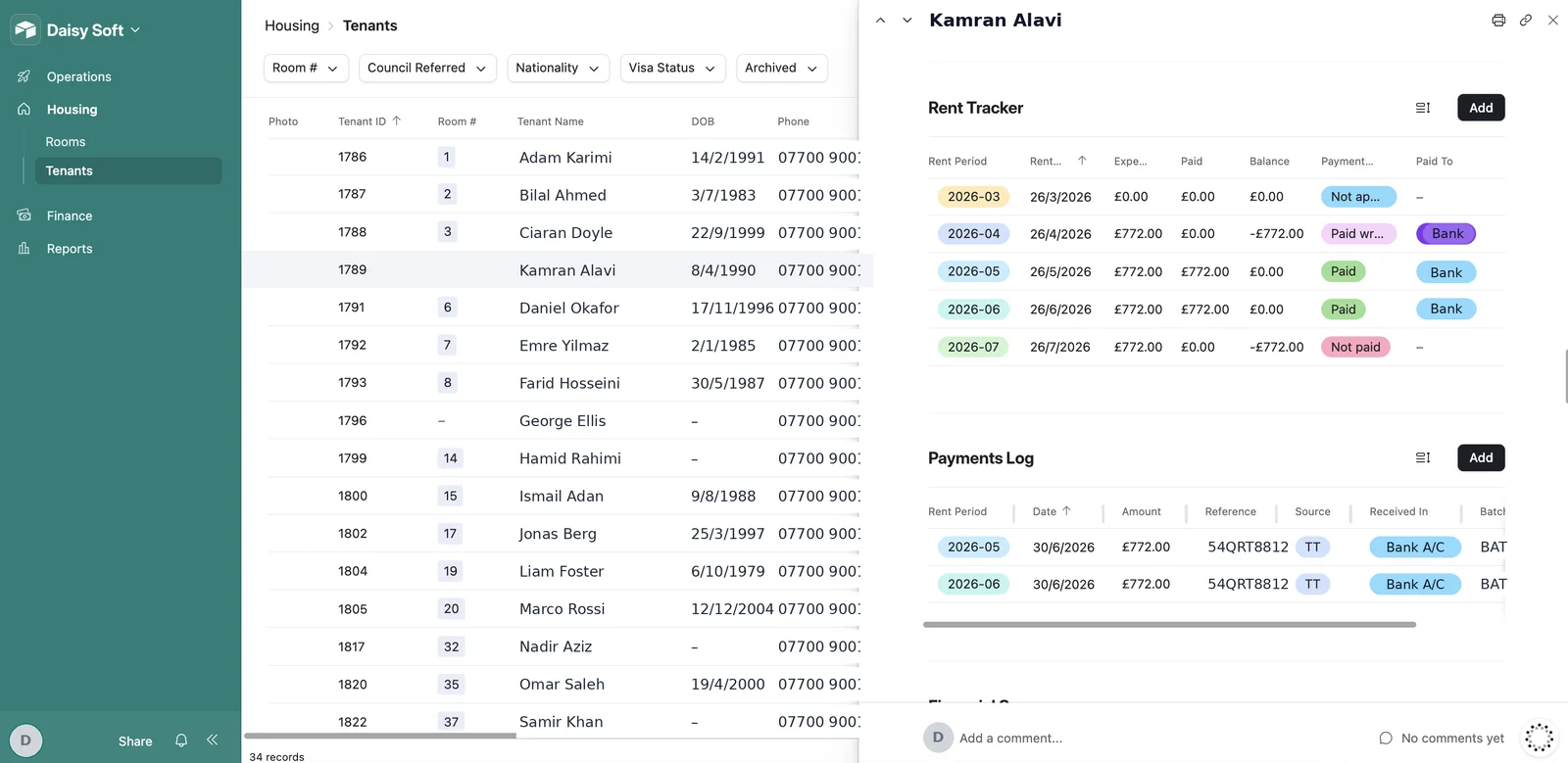 Daisy Soft tenants list and rent tracker, with personal data anonymised