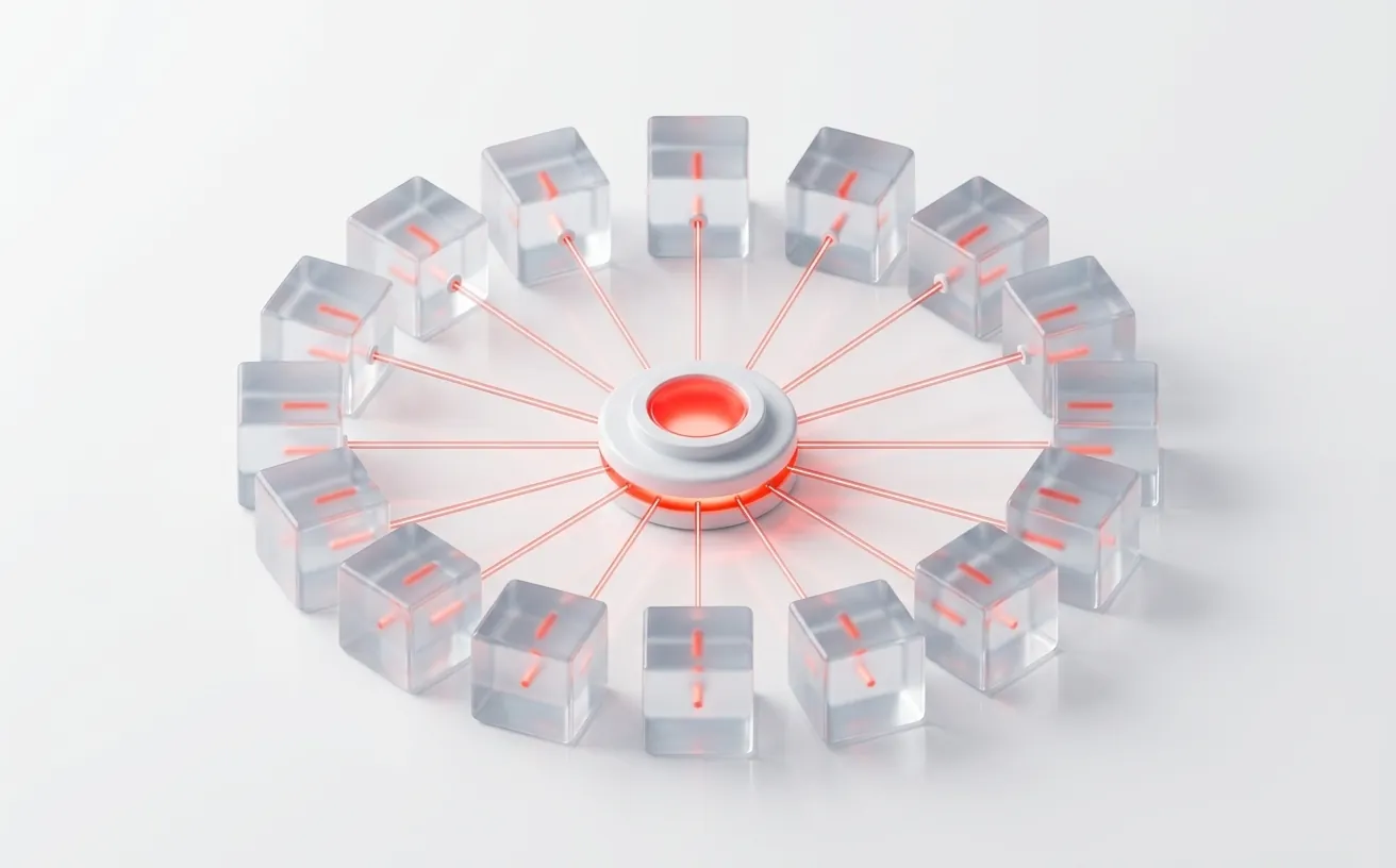 Illustration of a pod of engineering blocks working around one hub