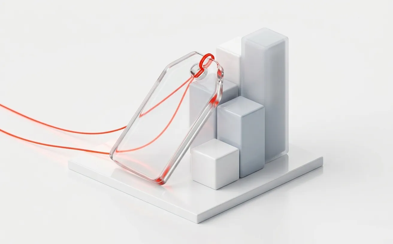 Illustration of a clear price tag beside neatly stacked blocks