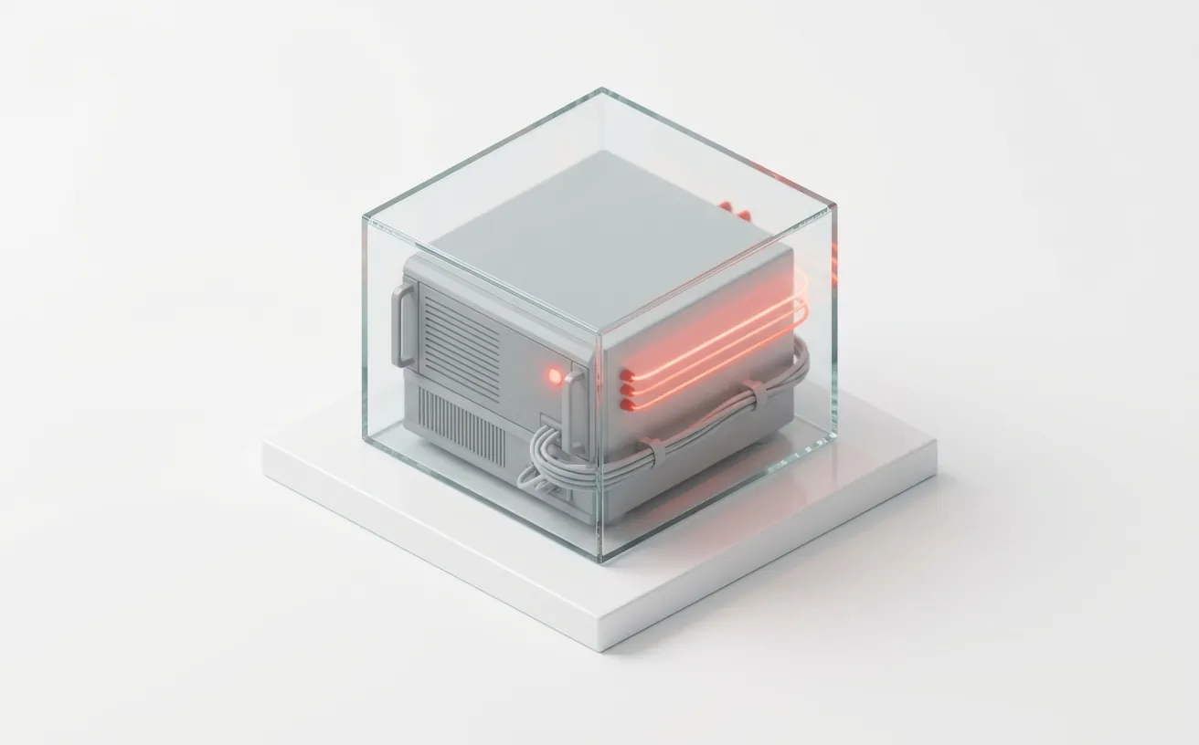 Illustration of an old server protected by a clear safety frame