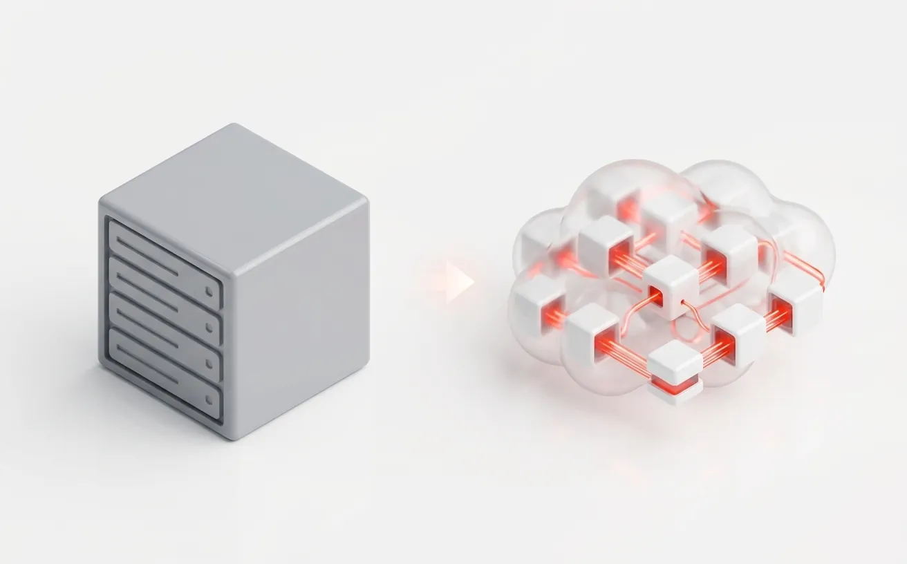 Illustration of an old server block being rebuilt as cloud modules