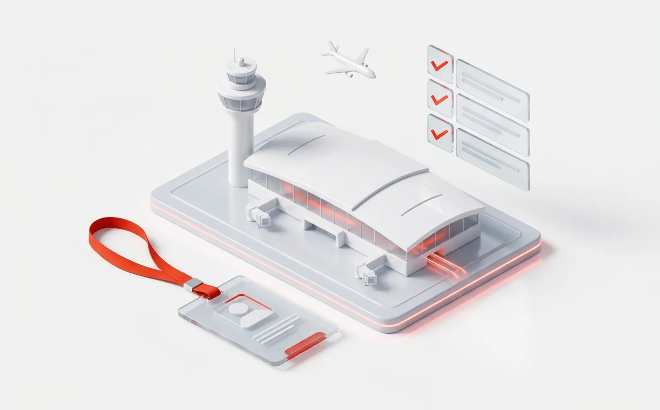 Illustration of an airport security pass and a vetting checklist