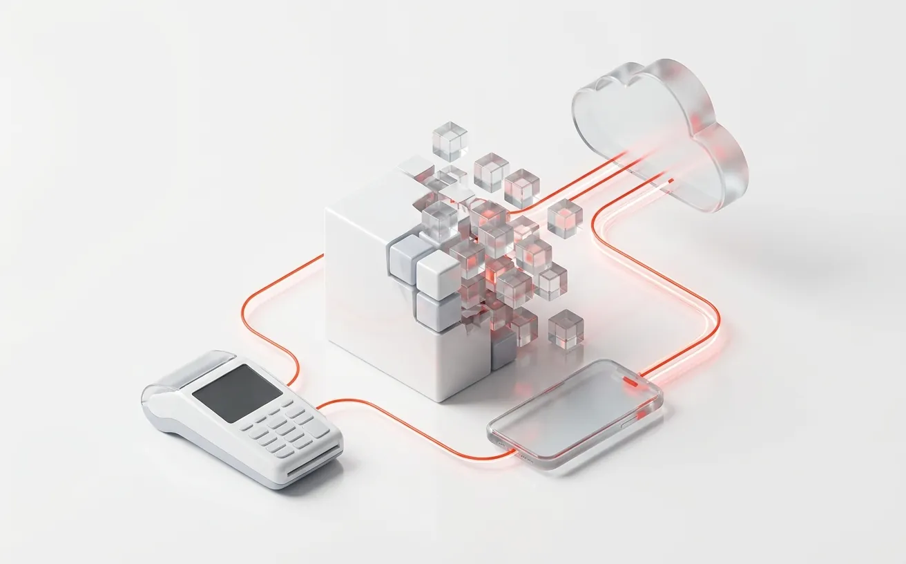 Illustration of a card machine and payment links feeding a serverless cloud