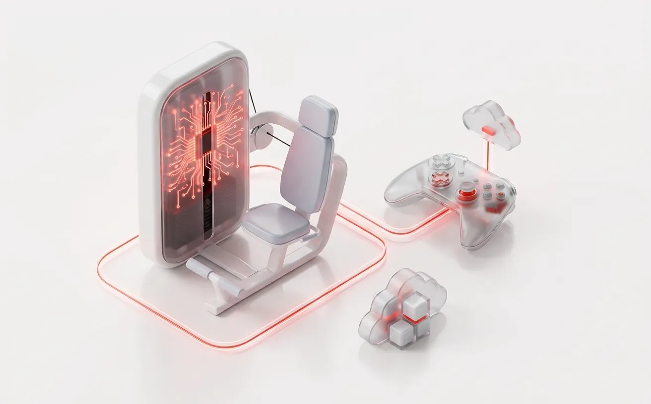 Illustration of exercise equipment linked to a game controller and cloud services