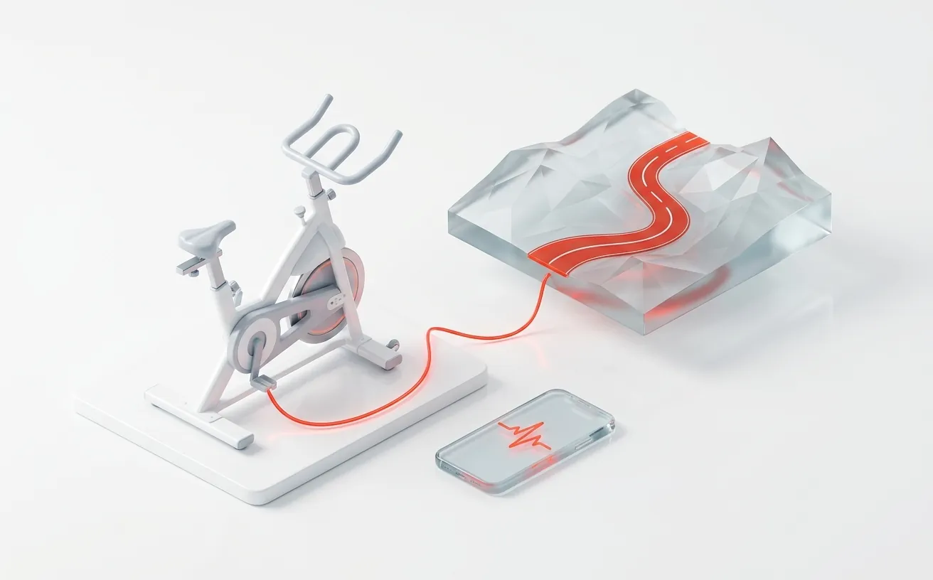 Illustration of a spin bike connected to a 3D game world and a phone app