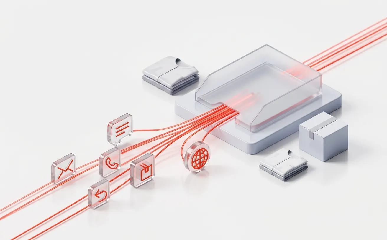 Illustration of customer enquiries from several channels flowing into one inbox