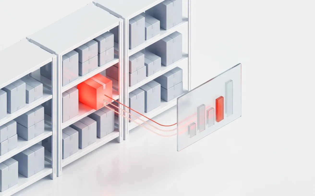 Illustration of parcels on warehouse shelves connected to a stock dashboard