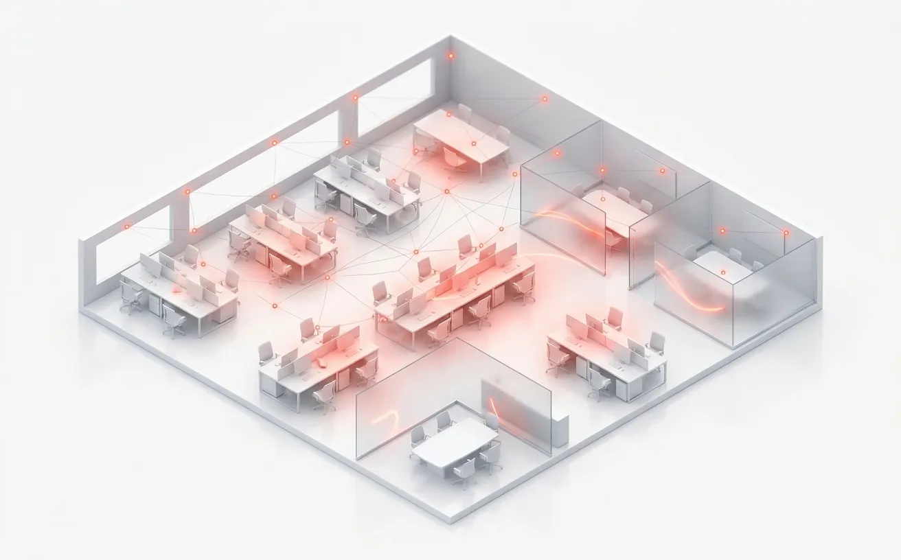 Illustration of an office floor plan with sensors and an occupancy heatmap